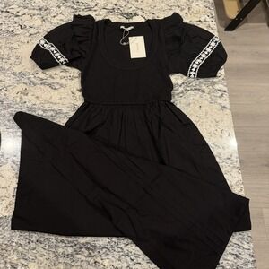 CLEOBELLA Black Embroidered Puff Sleeve Cotton Boho Midi Dress XS Extra Small